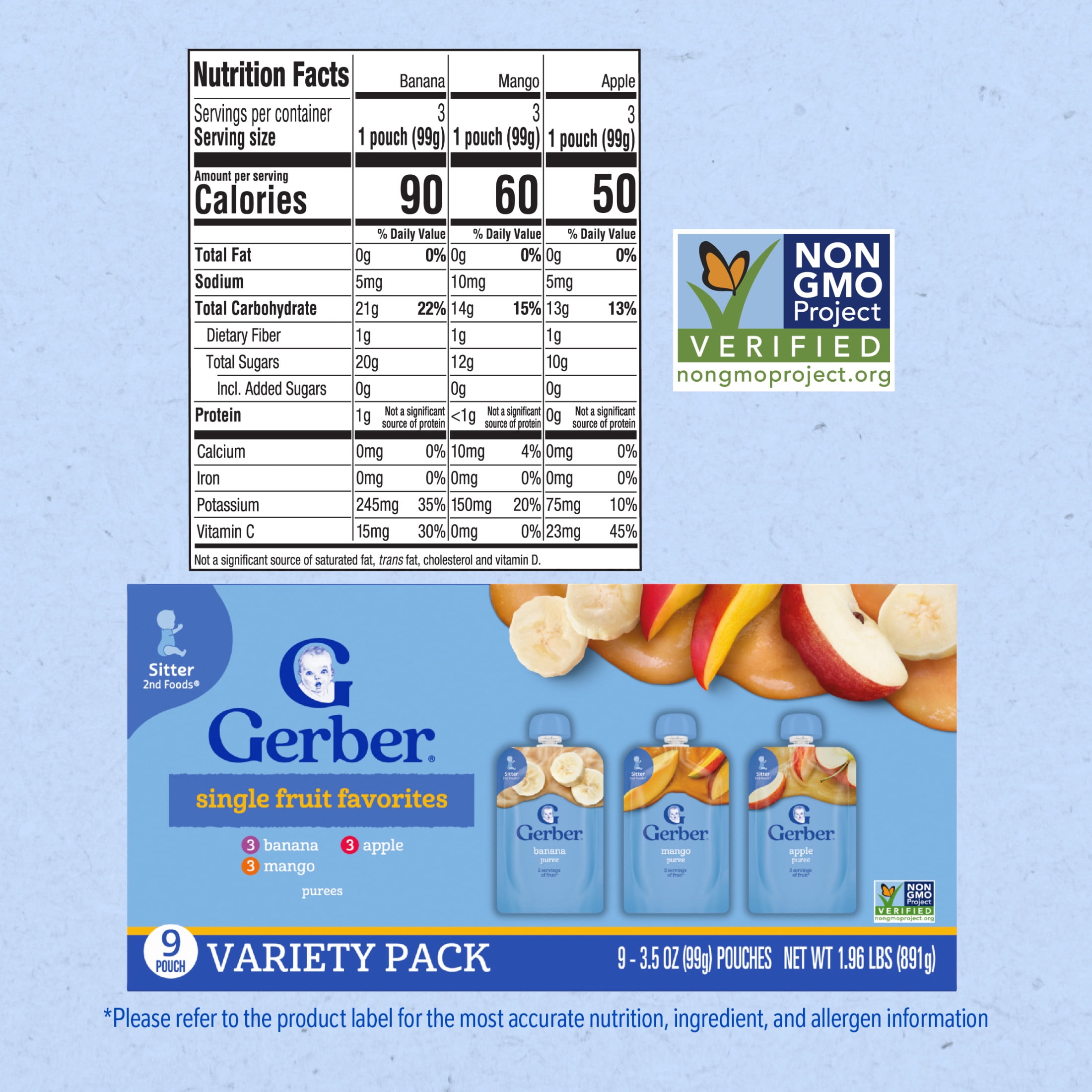 (3 pack) Gerber Stage 2 Baby Food, Single Fruit Puree Variety Pack, 3.5 oz Pouches (9 Pack)​