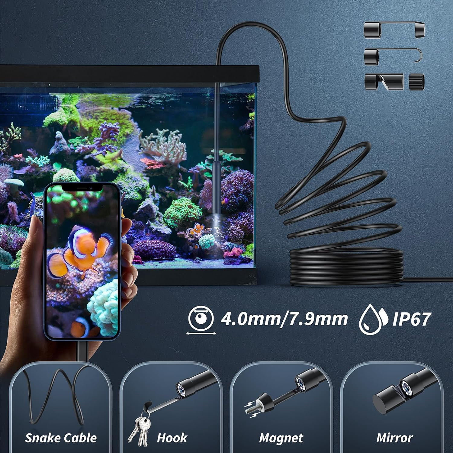 Endoscope Camera with Light,1920P HD Borescope Tools with 8 Adjustable LED Lights, Endoscope with Semi-Rigid Snake Camera, IP67 Waterproof Inspection Borescope for iOS and Android-16.4ft Dual-Lens