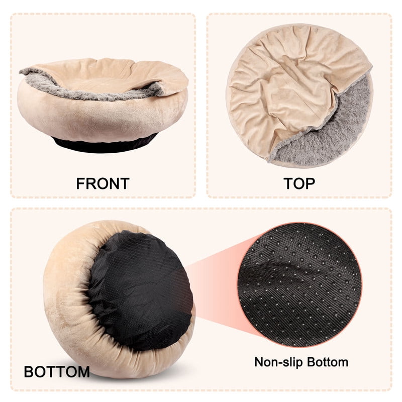 Donut Round Calming Anti-Anxiety Dog Burrow Cave Bed, Small Dog Bed Cat Bed with Hooded Blanket, Cozy Cuddler Luxury Puppy Pet Bed, Machine Washable, Anti-Slip Bottom, Beige, 26inch