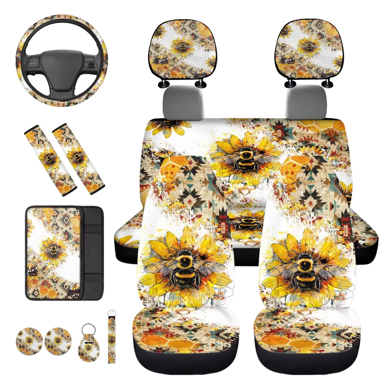 HUIACONG Floral Bohemian Car Seat Covers Full Set with Steering Wheel Cover Arm Rest Cover Seatbelt Covers Cup Holder Headrest Covers Keychain 14 Pcs Car Accessories Interior Universal Fit
