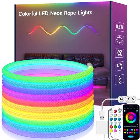 GIPOYENT Braided Silicone Neon Rope Lights 9.84ft, 360° Glow RGB LED Strip Lights, Music Sync Bluetooth APP Remote Control, Cuttable Flexible Neon Lights for DIY Sign Gaming Room Decor
