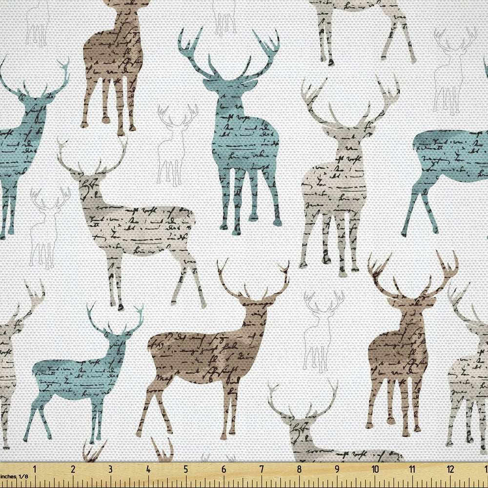 Deer Fabric by the Yard, Animals with Old Text Pattern Christmas Theme