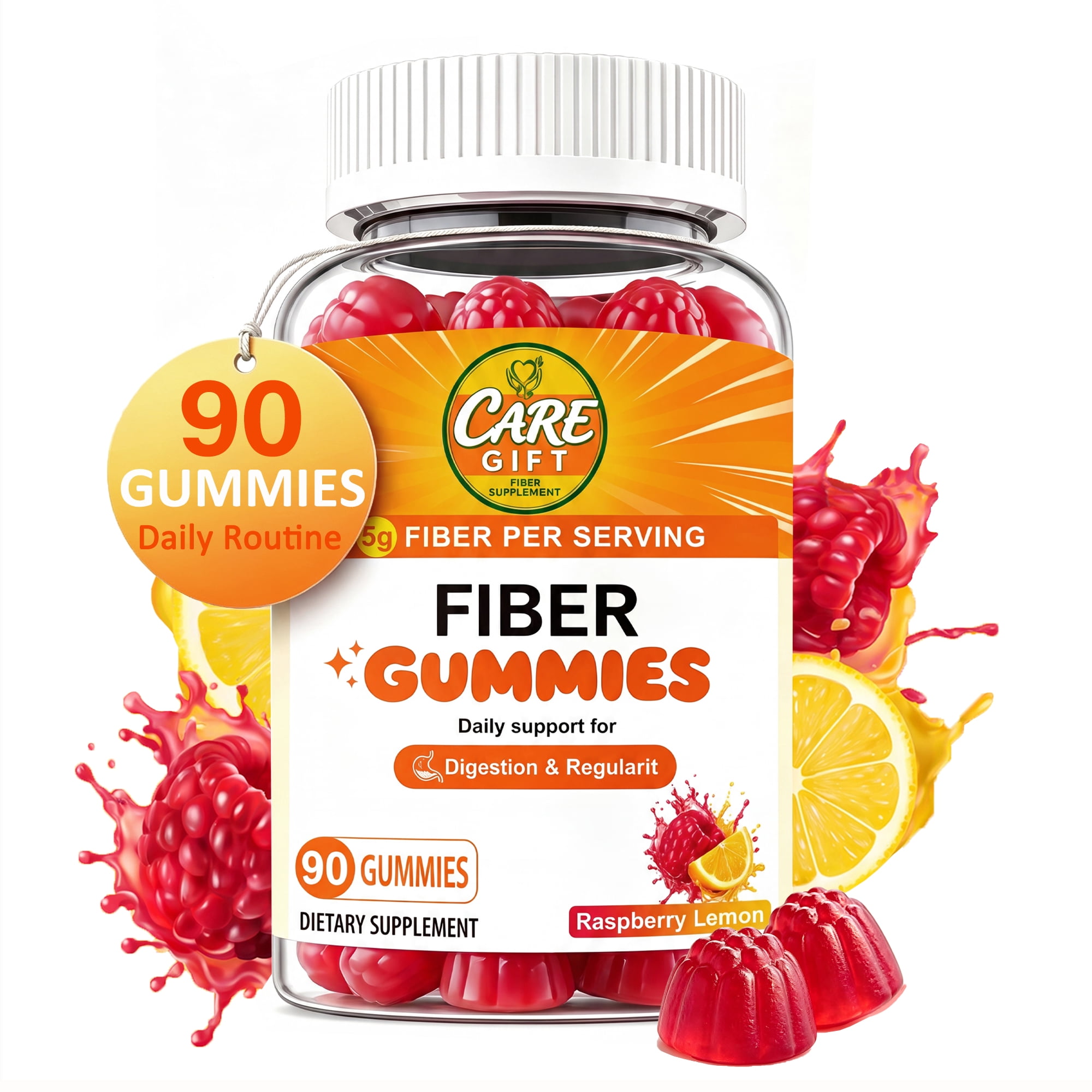 Fiber Gummies Sugar Free, Vegan, Digestive Health Regularity for Women Men - Raspberry Lemon 90 Gummies