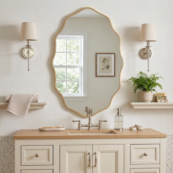 PERFNIQUE Gold Scalloped Mirror, 30''L18''W Oval Wavy Wood Framed Mirror for Wall Decor, Hanging Leaning for Bathroom, Nursery, Entryway, Vanity, Living Room