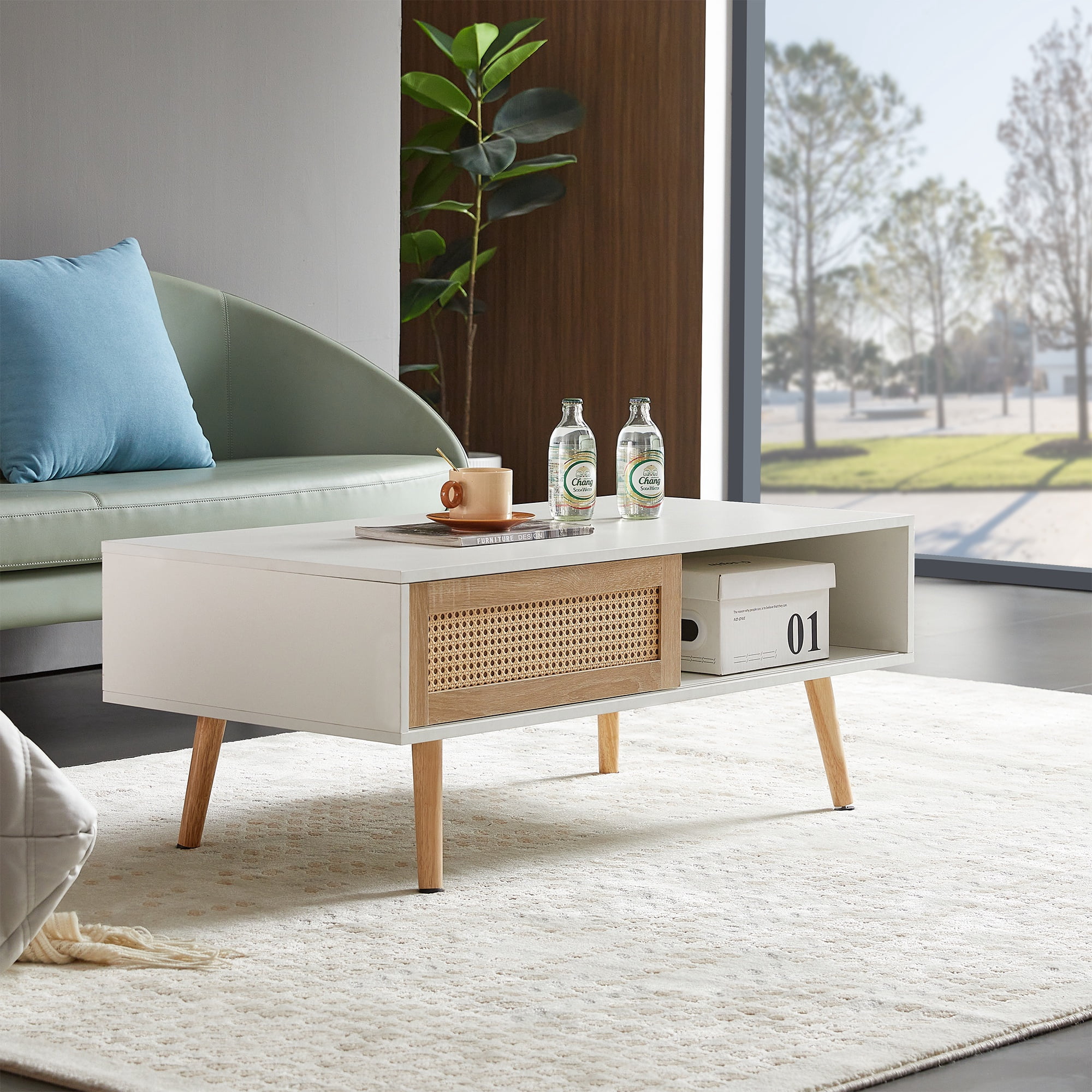 PAPROOS Rattan Coffee Table with Sliding Storage Door, Solid Wood Legs - Ideal for Living Rooms, White