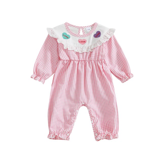 Gupgi Baby Girl Spring Romper Long Sleeve Lace Trim Plaid Print Jumpsuit Infant Overalls
