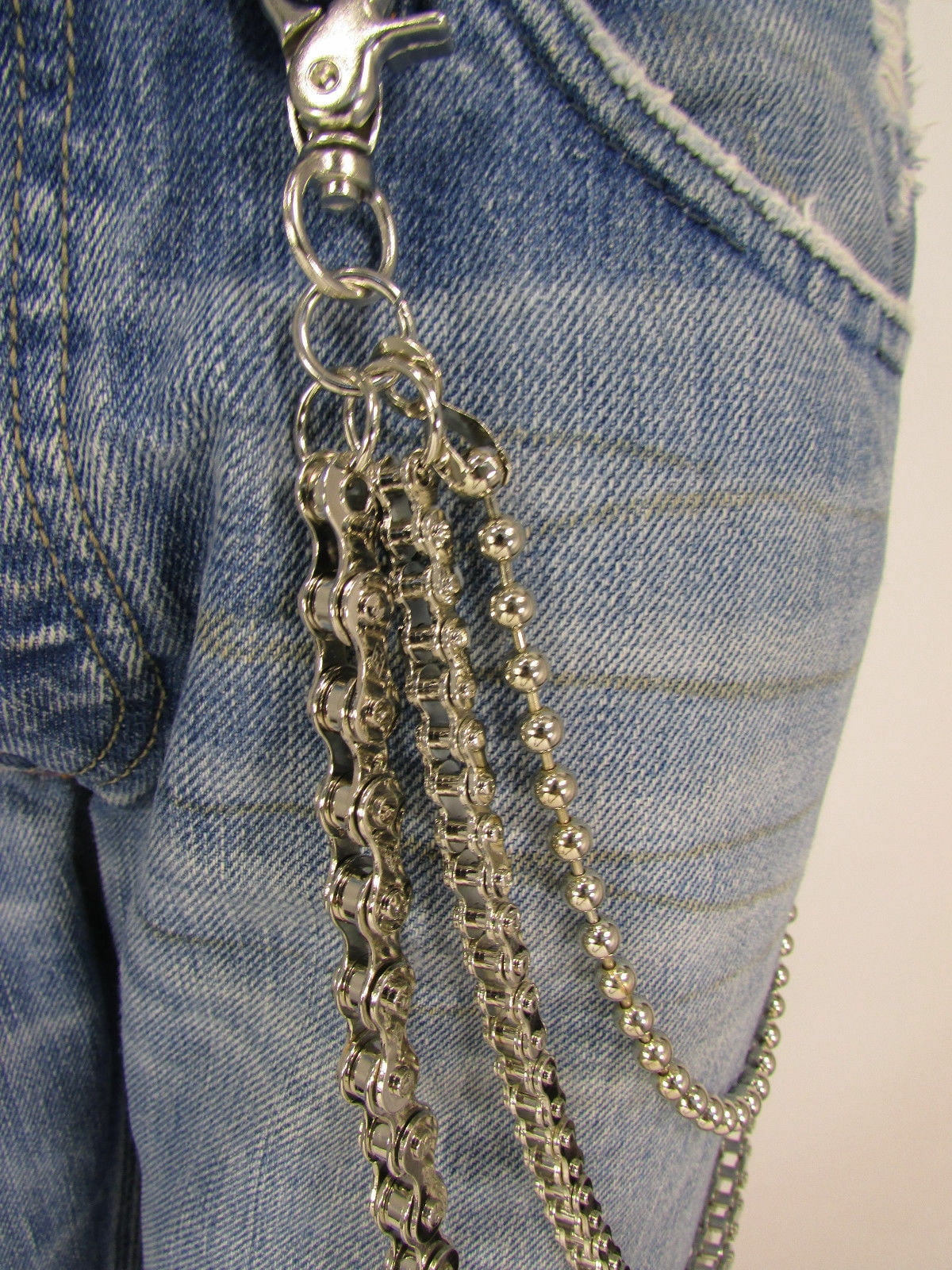 Men Rocker Silver Metal 3 Strands Wallet Jean Chain Key Bike Chain Motorcycle Biker Trucker
