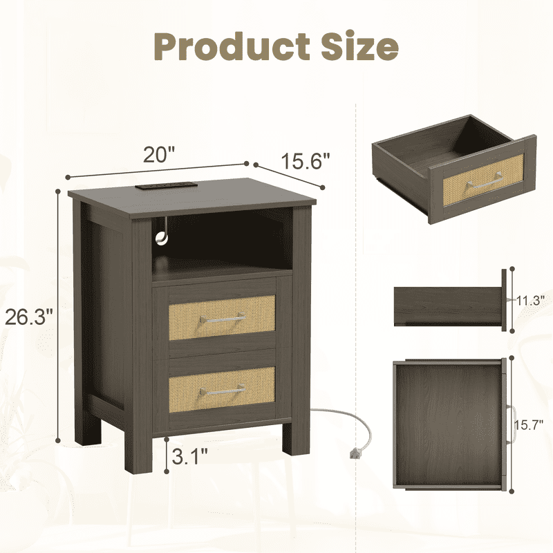 Homall Rattan Nightstand Set of 2 with 2 Drawers, Bedside Table End Table with Charging Station for Bedroom Living Room, Gray