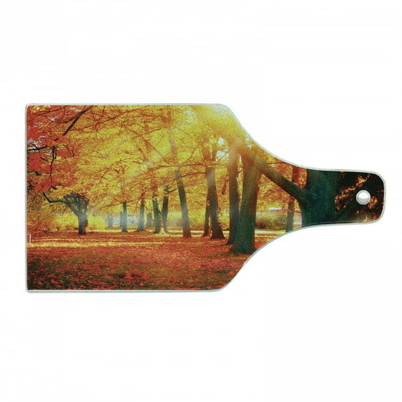 Colorful Cutting Board, Landscape Image of Foliage and Trees at Autumn Season Designed in Warm Tones, Decorative Tempered Glass Cutting and Serving Board, in 3 Sizes, by Ambesonne