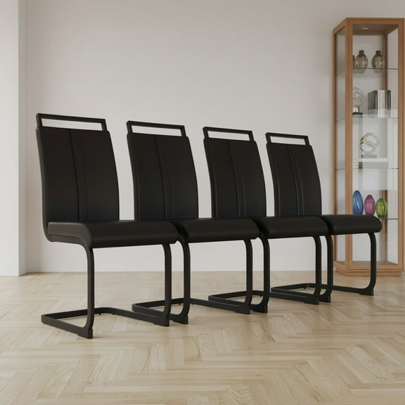 Modern Black PU Leather Dining Chairs with C-Shaped Metal Legs – Set of 4, Faux Leather Upholstery for Kitchen or Dining Room