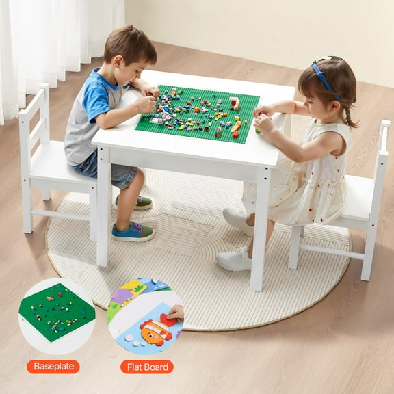 VEVOR Kids Activity Table and 2 Chairs Set, Building Blocks Double-Sided Tabletop, Toddler Table and Chair Set with Storage for Kids 3  Years, Large Storage Space, Present for Boys & Girls, White