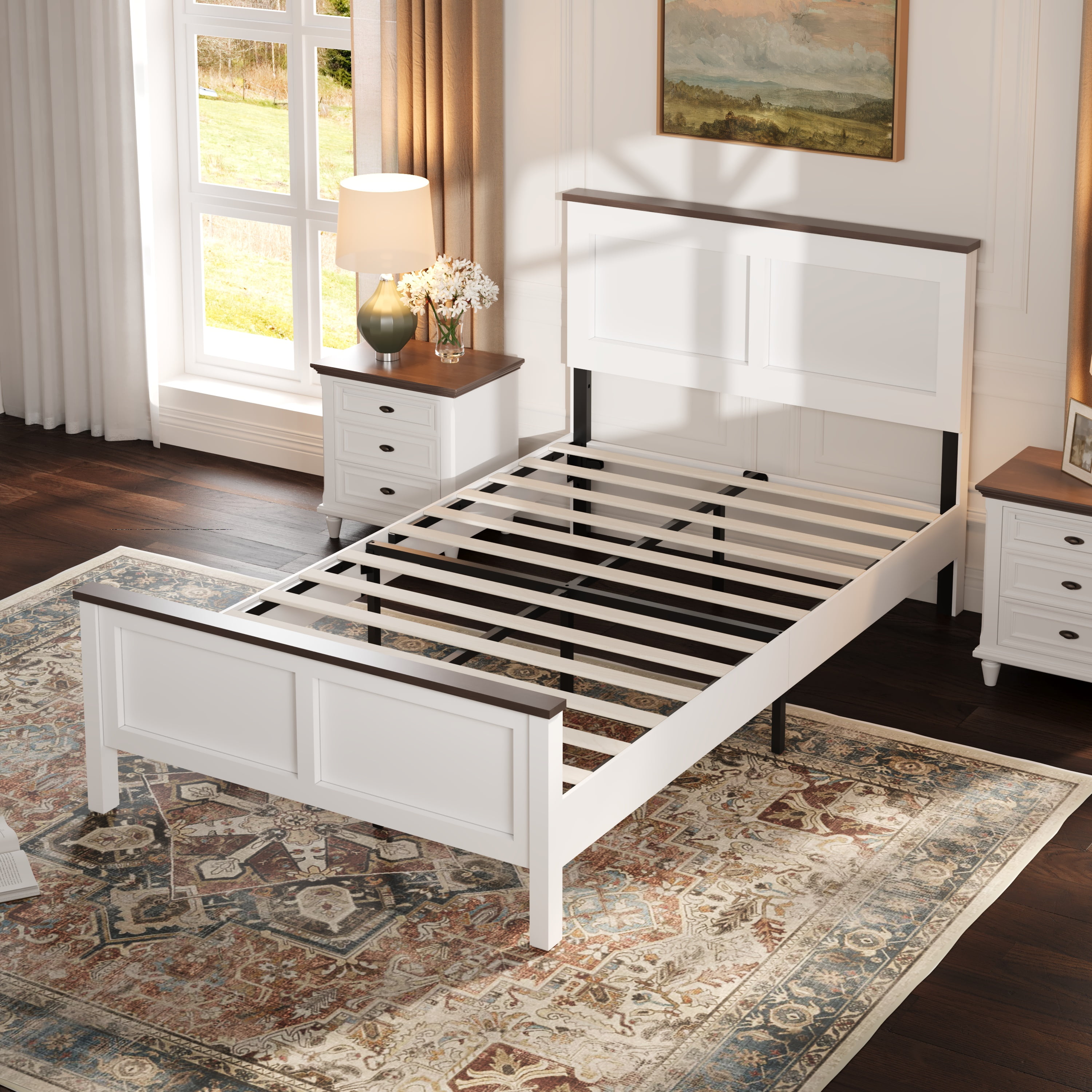 SESSLIFE Twin Size Bed Frame, Wood Platform Bed Frame with Headboard and Footboard, Farmhouse Style Twin Bed Frame with Strong Wood Slat Support, Holds 350 lb, No Box Spring Needed, White