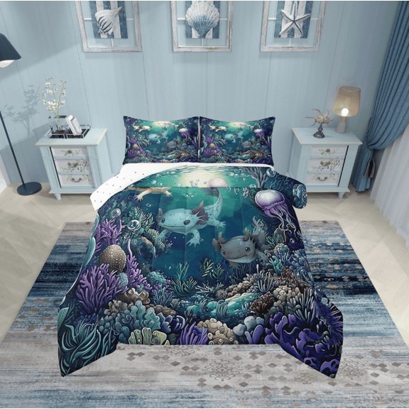 Erosebridal Cartoon Axolotl Bedding Twin Comforter Set,Marine Animal Down Comforter,Ocean Theme Decor,Reversible,Lightweight,2-Piece
