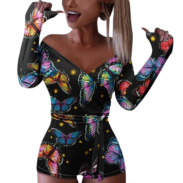 Pompotops Mode Femme Manches Longues Col en V Imprimé Bandage Décontracté Combinaison Courte