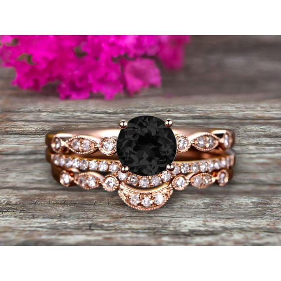 Trio Set Round Cut 2.50 Carat VVS Black Diamond Moissanite Engagement Ring Set Milgrain Crown Wedding Band 10k Rose Gold Art Deco