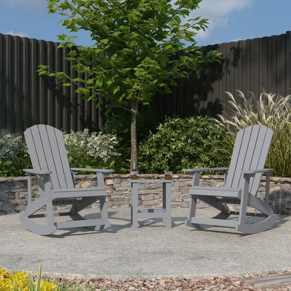 Merrick Lane 3 Piece Adirondack Patio Furniture Set Includes 2 Gray All-Weather Rocking Chairs and Side Table