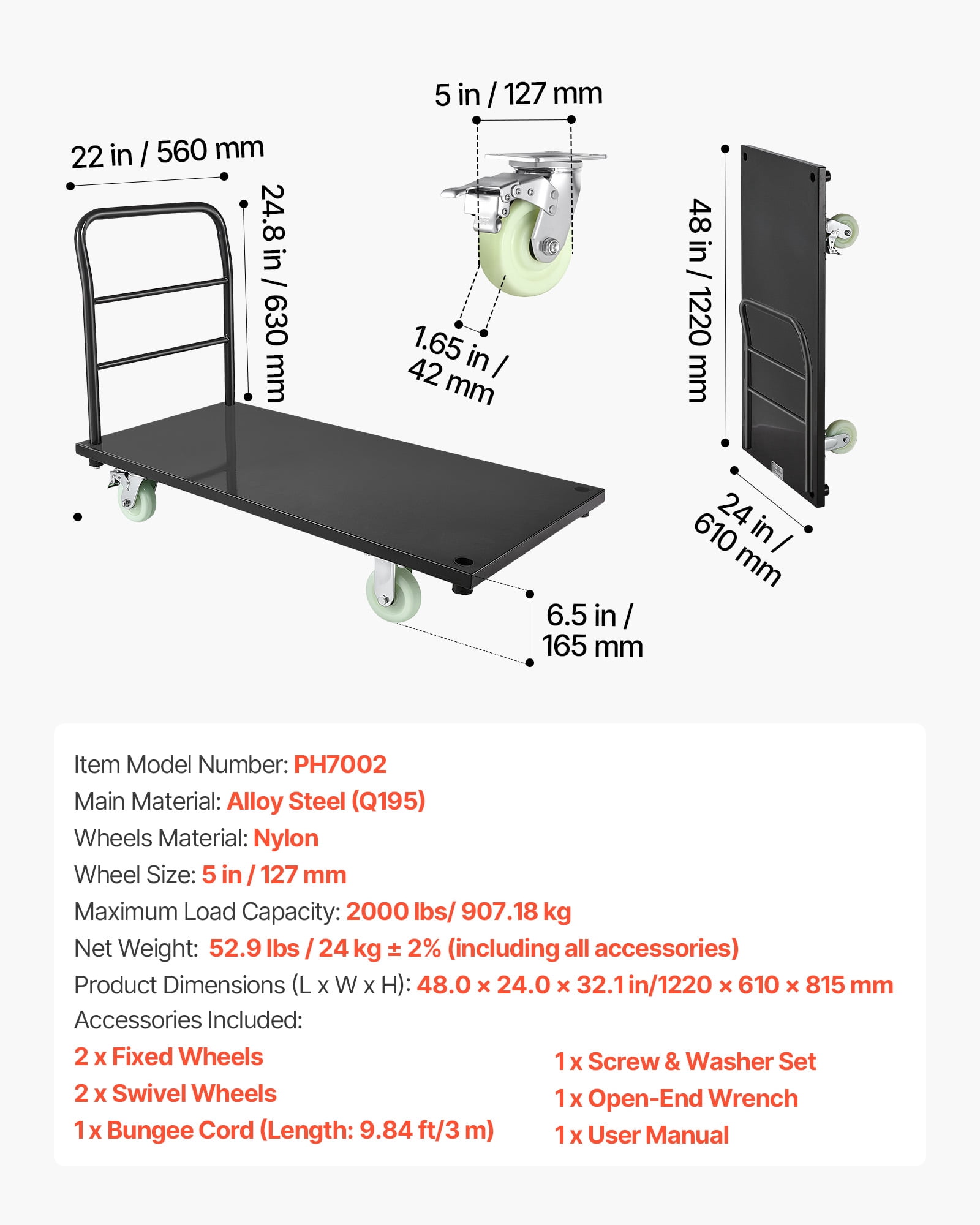 VEVOR Heavy Duty Platform Truck, 2000 lbs Capacity, Industrial Steel Flatbed Cart with Swivel Wheels and Handle, Platform Hand Push Truck Dolly, Easy Storage, for Luggage Moving, 48 x 24 x 32.1 in