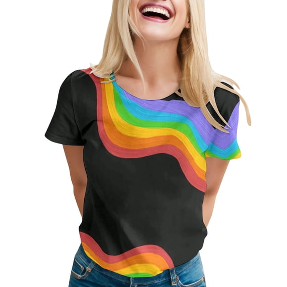 TINZ Womens Casual Easter Printed Short Sleeve O Neck T Shirt Top Tops Loose Fit Space T Tee Shirts Woman Workout Short Sleeve Shirt Long Sleeve Fitted Shirt Women Rainbow Stripe Shirt