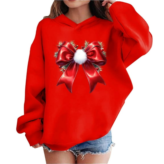 Lorytime Christmas Hoodies for Teen Girls Unisex Bow Sweatshirt Long Sleeve Pullover Drop Shoulder Festive Tops Red