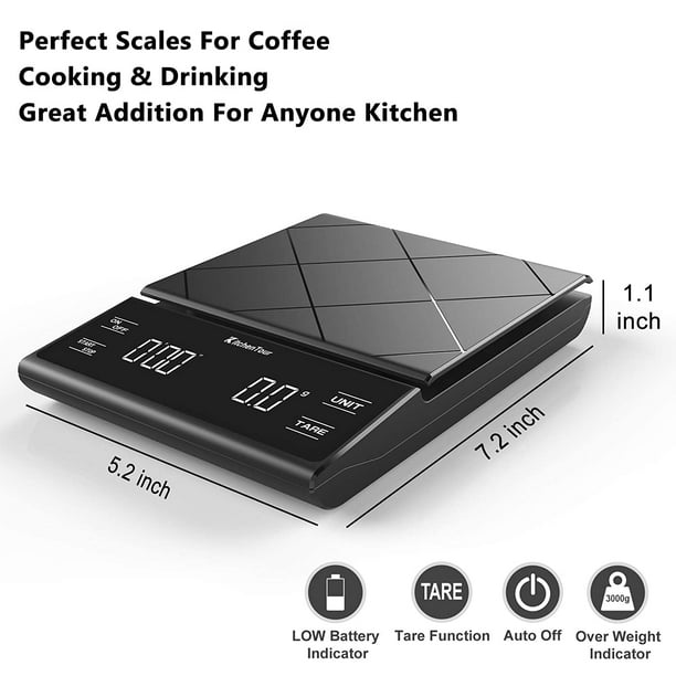  KitchenTour Coffee Scale with Timer - Digital Multifunction  Weighing Scale with 3kg/0.1g High Precision - Pour Over Drip - Espresso  Scale with Bright LCD Display (Batteries Included)-Black: Home & Kitchen
