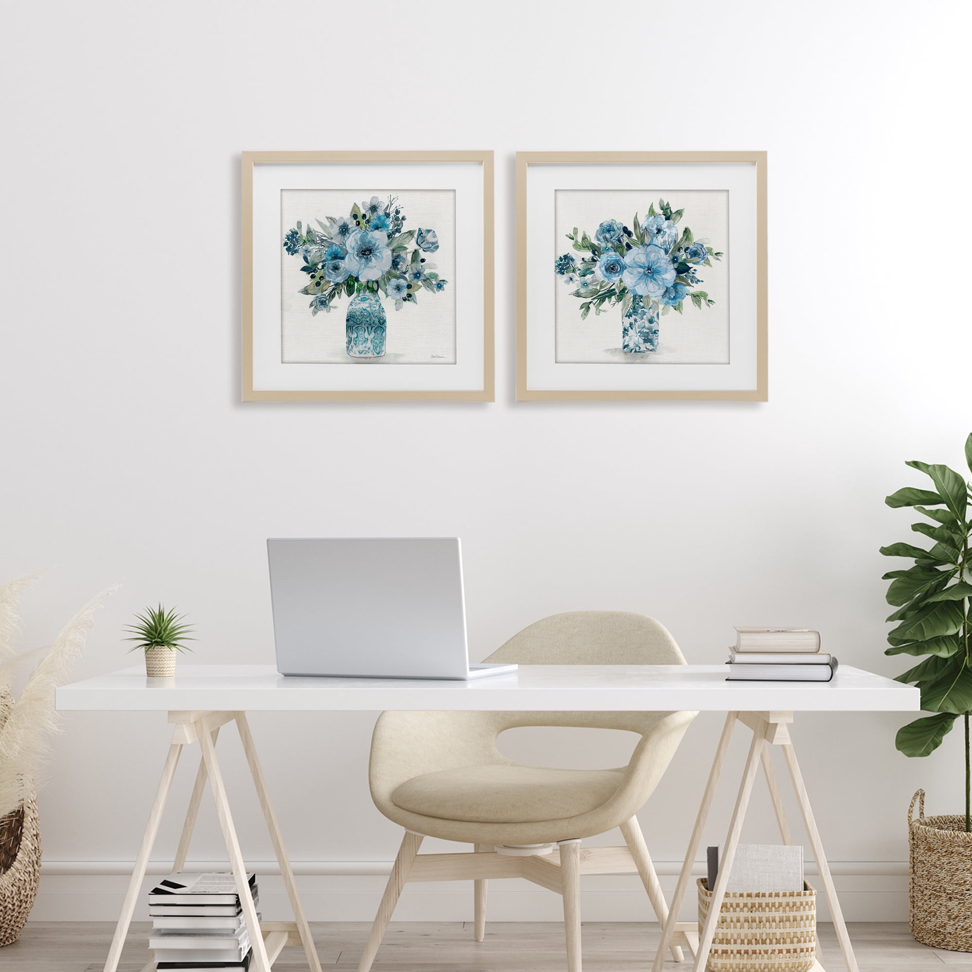 Stupell Industries Pastel Blue Floral Vase Arrangements 2 Piece Birch Framed Print Under Glass Set, design by Carol Robinson