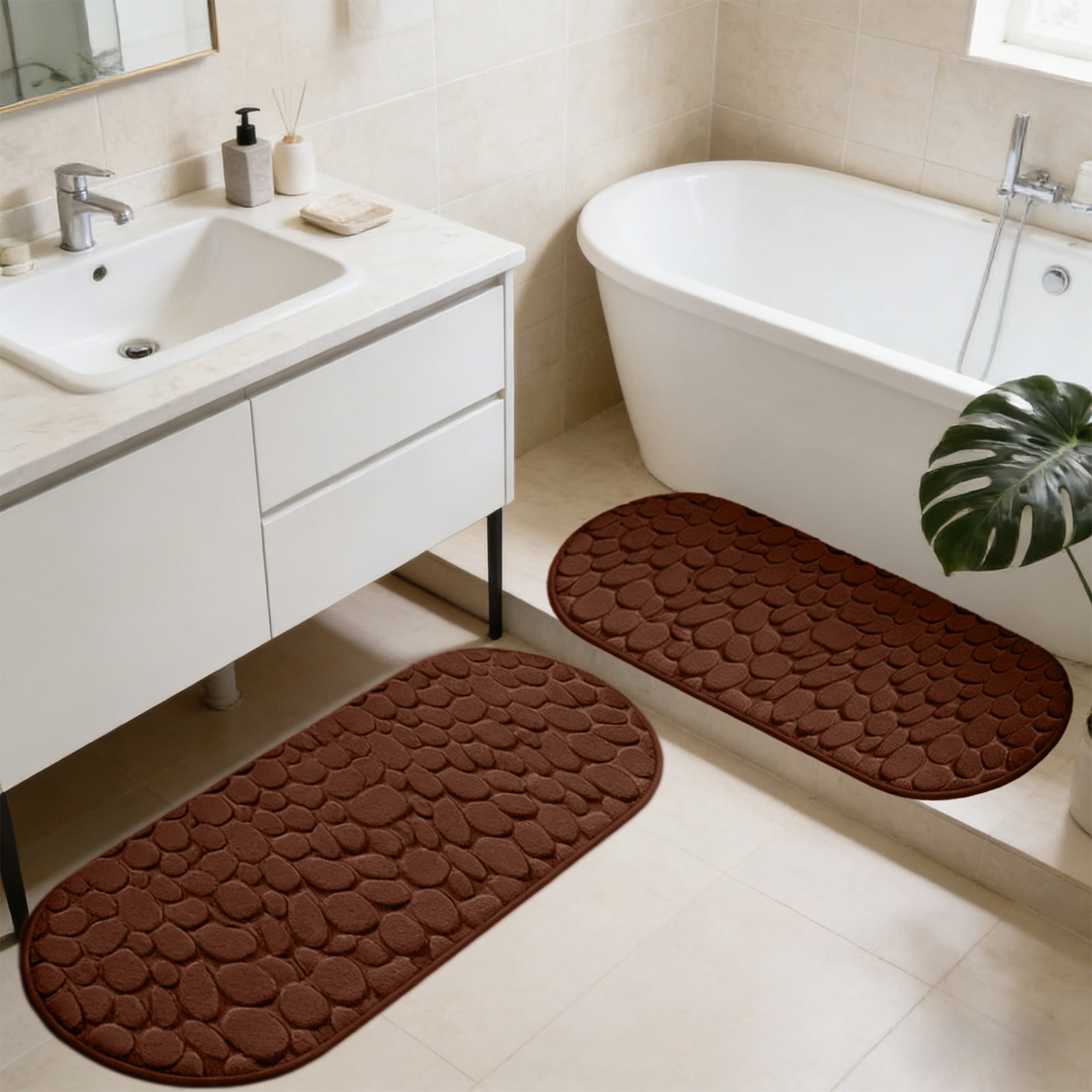 Cobblestone Pattern Rugs Set 2 Piece, Memory Foam Water Absorbent Bath Mats, for Bathroom, Sink, Toilet and Floor (15.7x23.6in+15.7x47.2in, Brown)