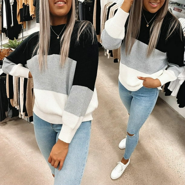 Pntutb Mujeres Rayas Tejer O-cuello Suéter Manga Larga tops Bloues Pntutb Pntutb-4582