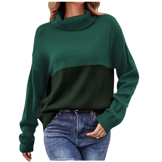IROINID Women's Turtleneck Pullover Sweater Solid Color Casual Mid-Length Long Sleeve Plus Size Tops Sweater Blouse