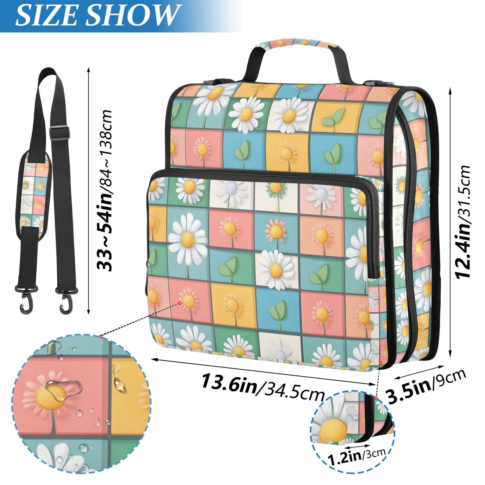 FORMRS Zipper Binder with Shoulder Strap 2-inch Ring 500 Sheet Capacity File Bag, Daisy Mosaic