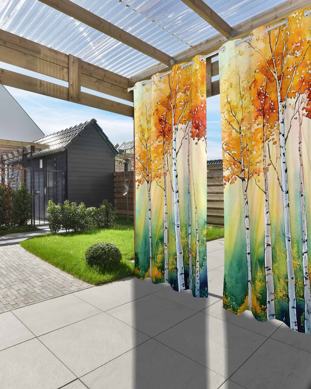 nqOlkjepod Outdoor Curtains for Patio Waterproof, Orange Green Trees Outdoor Privacy Panels Grommet, Watercolor Chic Beanch Leaf Blackout Outside Curtains for Porch/Cabana/Pergola 54"x95", 2 Panels