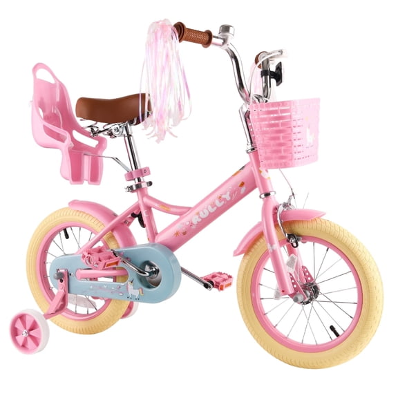 RULLY Unicorn 14 Inch Girls Bike for Ages 3-5, Kids Bicycle with Training Wheels, Basket & Doll Seat, Pink