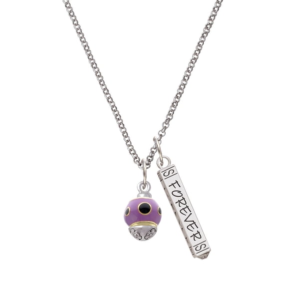 Delight Jewelry Goldtone Wide Black Dots on Purple Spinner Silvertone Forever Bar Charm Necklace, 23"