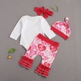 thumbnail image 3 of Children's Four Piece Set, Newborn Baby My First Valentine's Day Romper Flared Trousers Ruffle Bow Tie Heart Pattern Hat, 3 of 9