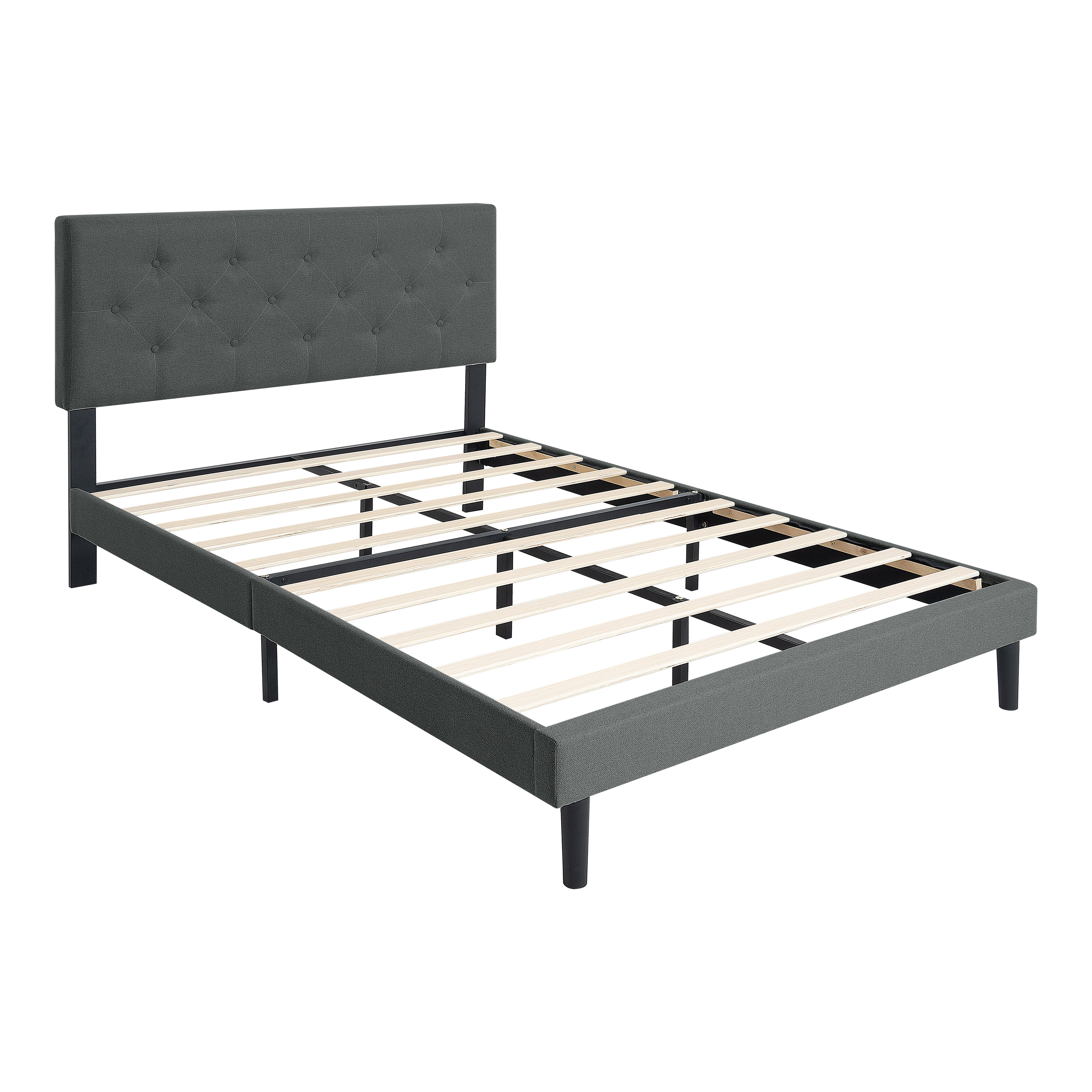 FFZ Upholstered Queen Platform Bed Frame with Button Tufted Linen Headboard, Dark Grey