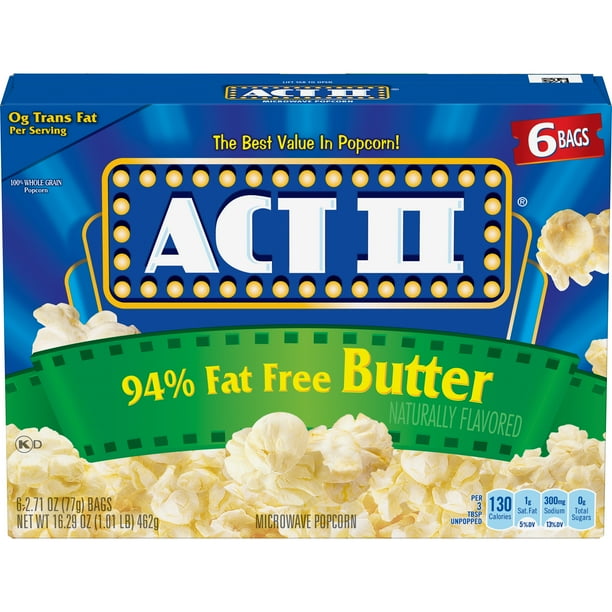 ACT II 94 Fat Free Butter Microwave Popcorn, 6Count 2.71oz. Bags