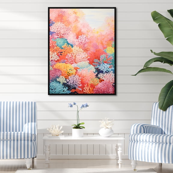 Designart "The Expressive Barrier Of The Coral Reef I" Coastal Coral Under Water Floater Framed Canvas Wall Art