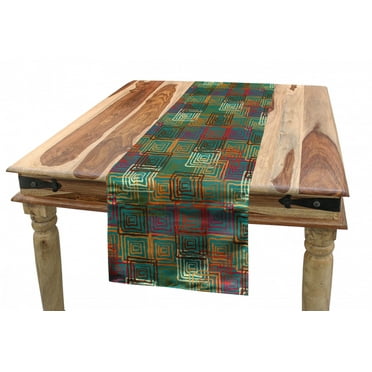 Geometric Table Runner, Abstract Grunge Pattern with Folk Rainbow Ornament Squares Distressed Backdrop, Dining Room Kitchen Rectangular Runner, 3 Sizes, by Ambesonne