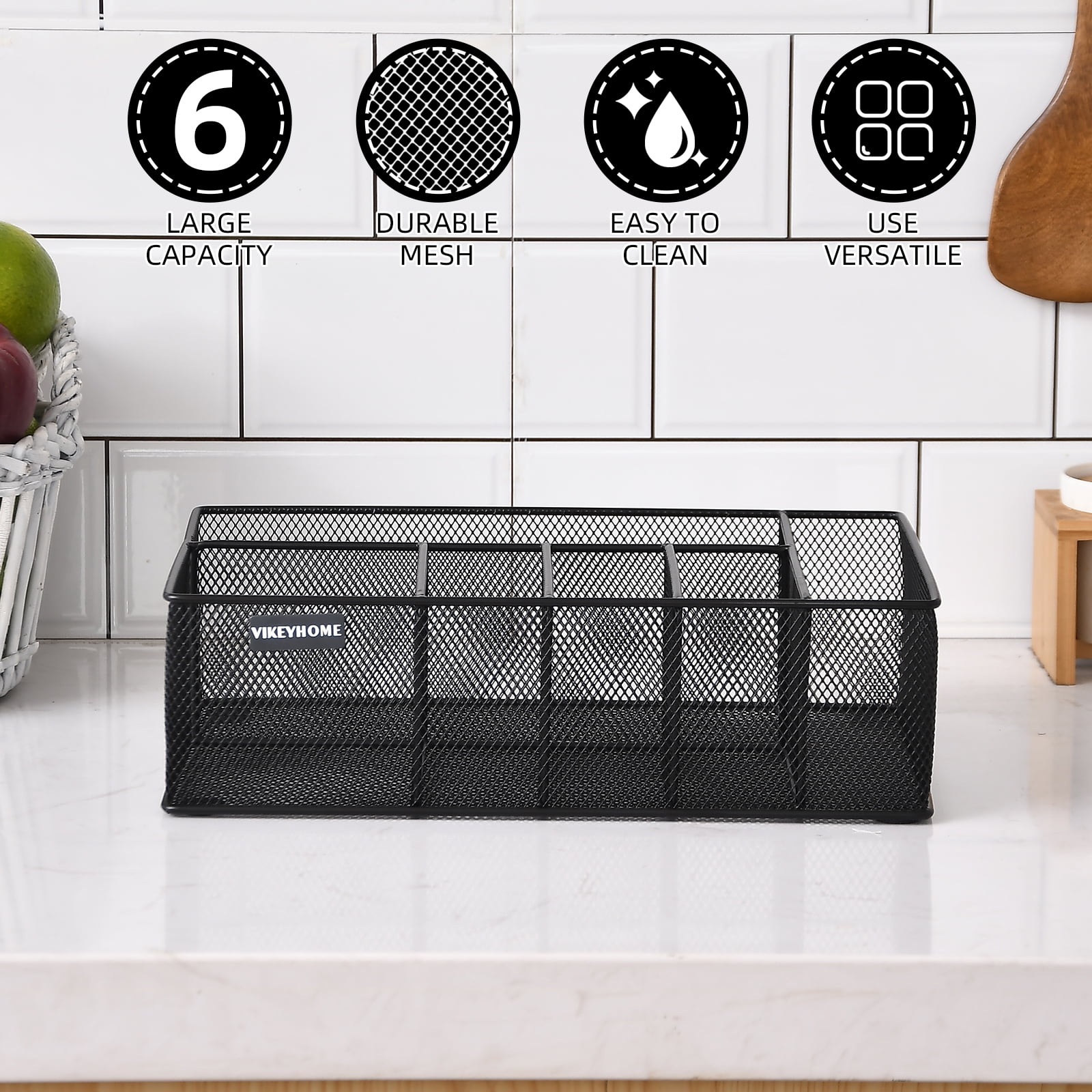 UPTRUST Metal Mesh Paper Plate Organizer with 6 Compartments Anti Slip Portable for Camping Black