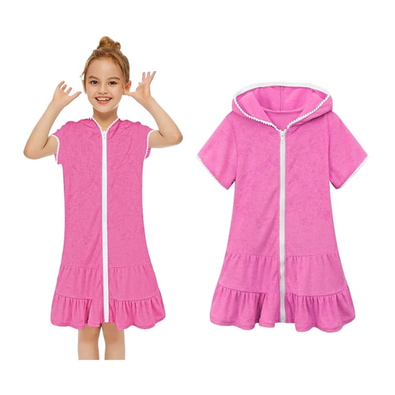 Girls Swim Cover-Up Short Sleeve Ruffle Bathing Suit Cover Up for Girls Quick Dry Hooded Towels for Kids 6-7 Years
