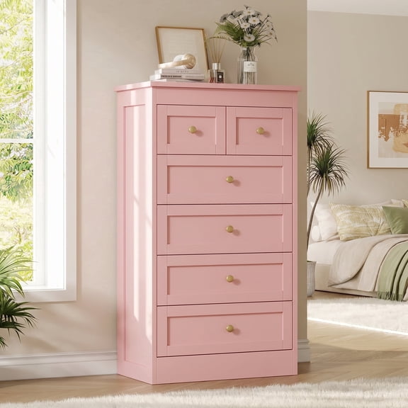 Pipleo Tall 6 Drawer Pink Wood Dresser, Easy Assembly with Video Guide