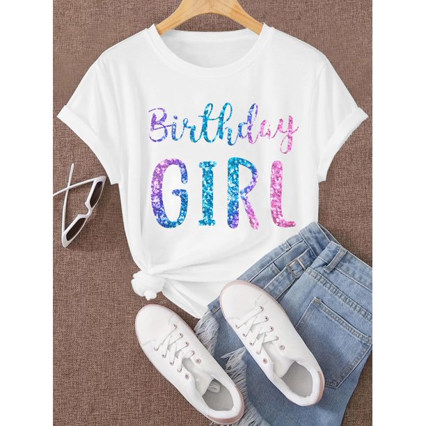 Girls' Casual And Stylish Soft Short-Sleeve T-Shirt for Spring And Summer, Featuring a Simple 'Birthday GIRL' Design, Perfect for Birthday Celebrations.