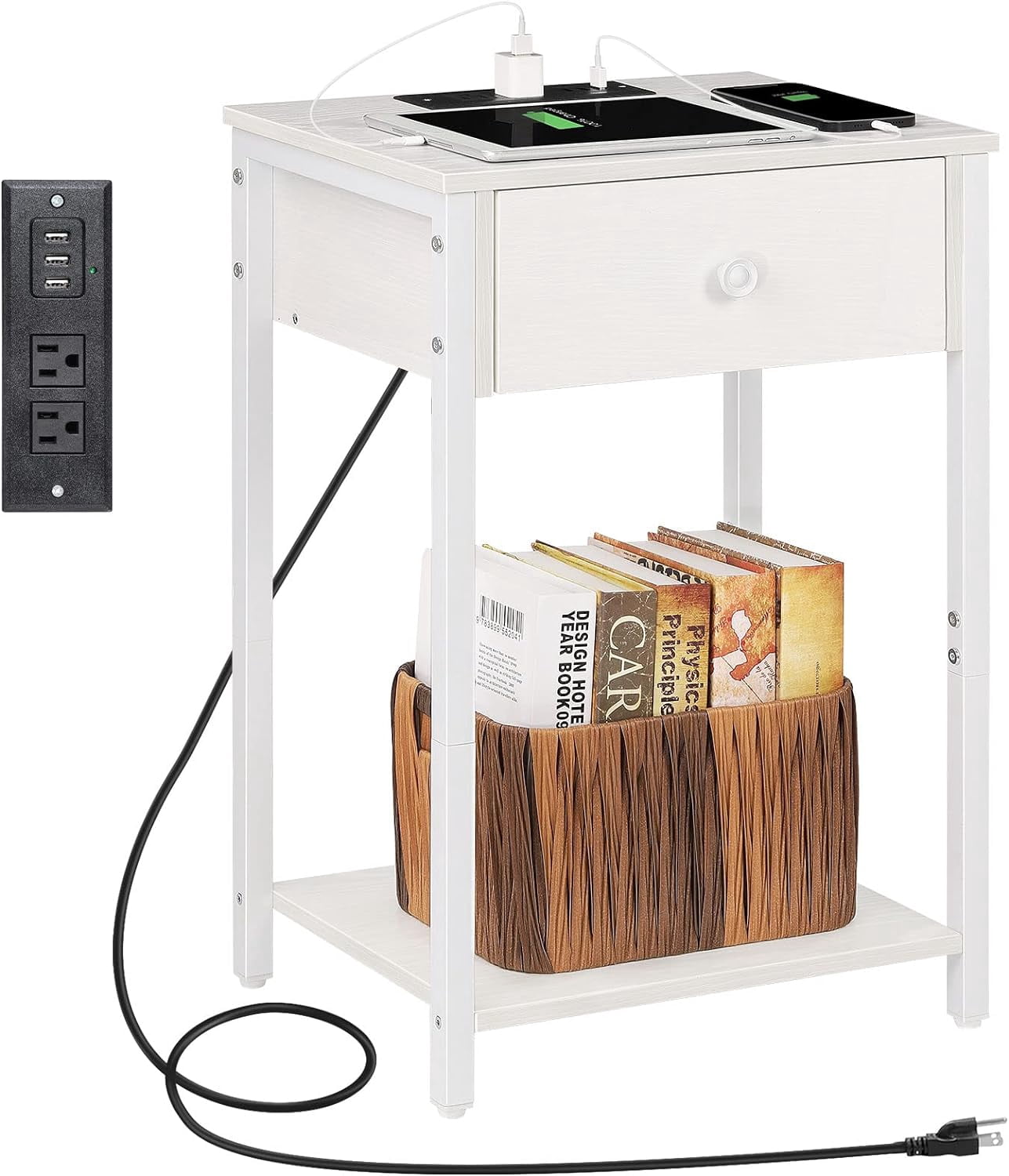 Oumilen Adult Nightstand with Plug Drawer Three USB Models, White, Set of 2