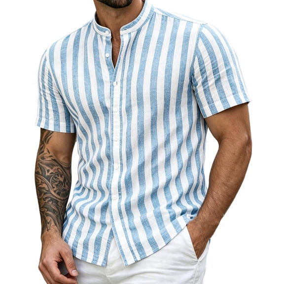 Yteetum Summer Mens Shirts Collar Neck Short Sleeve Button Down Tops Casual Striped Printed Lightweight Comfy Vacation Travel T Shirts