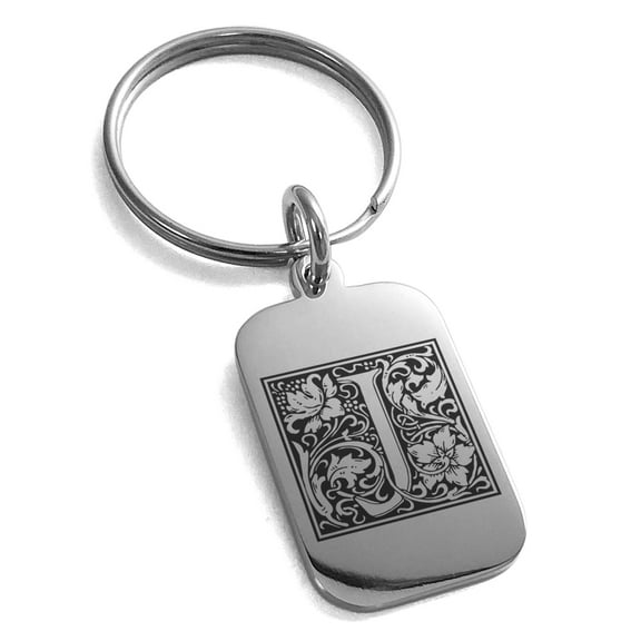 Stainless Steel Letter J Initial Floral Box Monogram Engraved Small Rectangle Dog Tag Charm Keychain Keyring
