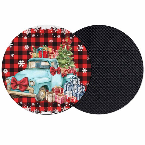 Red Black Plaid Christmas Trucks Coasters Set of 2, Absorbent Coasters for Drinks, Xmas Tree Gifts Snowflake Coaster for Desk Coffee Table Protection, Home Decor House Warming Gifts 4"