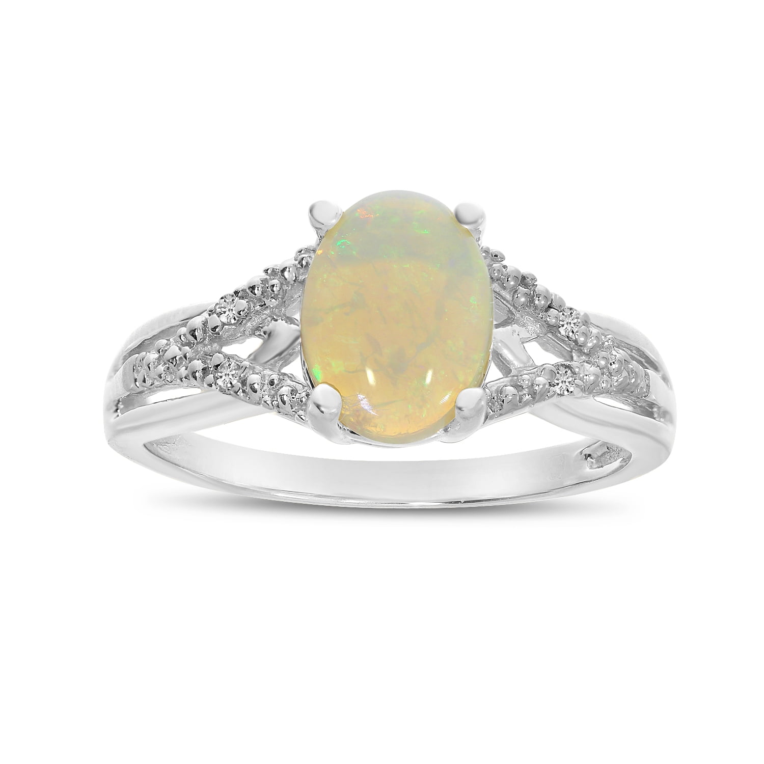 14k White Gold Oval Opal And Diamond Ring 