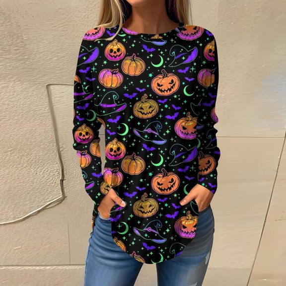 YVNAURA Cute Halloween Sweatshirts for Women Crewneck Long Sleeve Pullover Pumpkin Bat Graphic Tops Fall Oversized Loose Fit Vintage Spooky Season Shirts Holiday Party OutfitsHot Pink