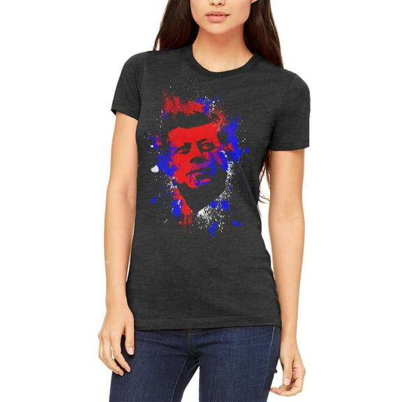 4th of July Patriotic President JFK Kennedy Silhouette Juniors Soft T Shirt Heather Black X-LG