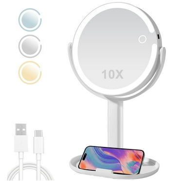 Makeup Mirror with Lights, Double-Sided 1x/10x Magnifying Mirror, 360° Rotating Vanity Mirror with Rechargeable 3-Color Lights
