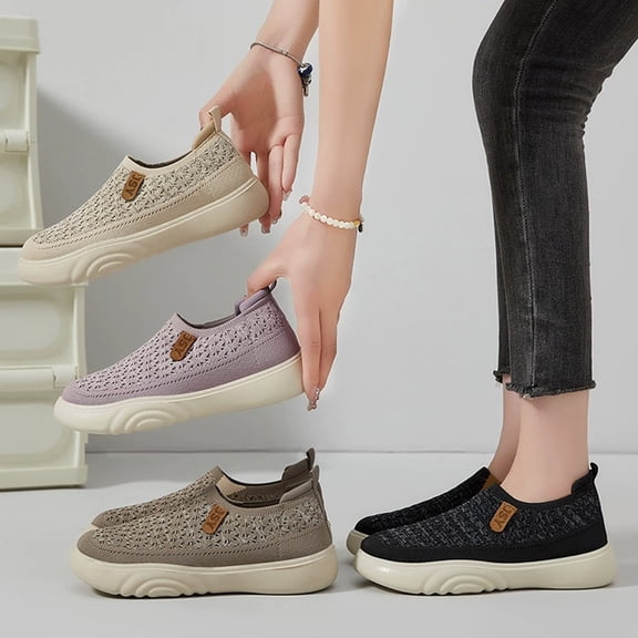 CAIXAI Orthopedic Dress Shoes for Women Arch Support Womens on Sneakers Comfortable -On Walking Shoes for Women Mesh Knitted Woven Platform Mary Janes Hands-Free Soft Shoes